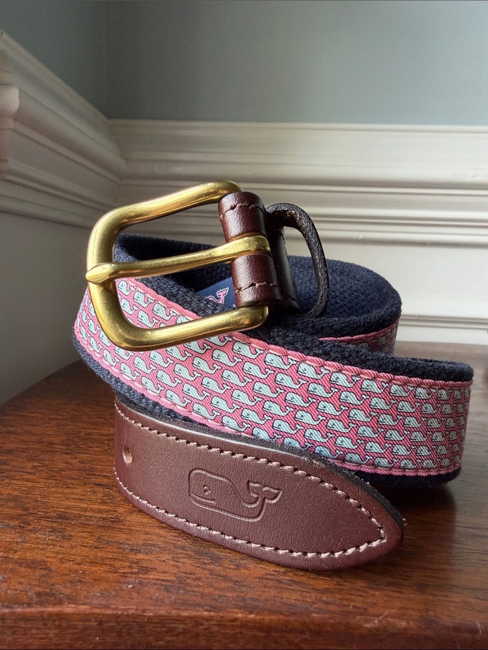 Vineyard Vines Whale-Pattern Pink Navy Belt with Brown Leather Accents